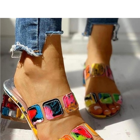 Fashion Nova Colorful Jeweled Block Heel Sandals | Clear Strap Statement Heels - Picture 3 of 9